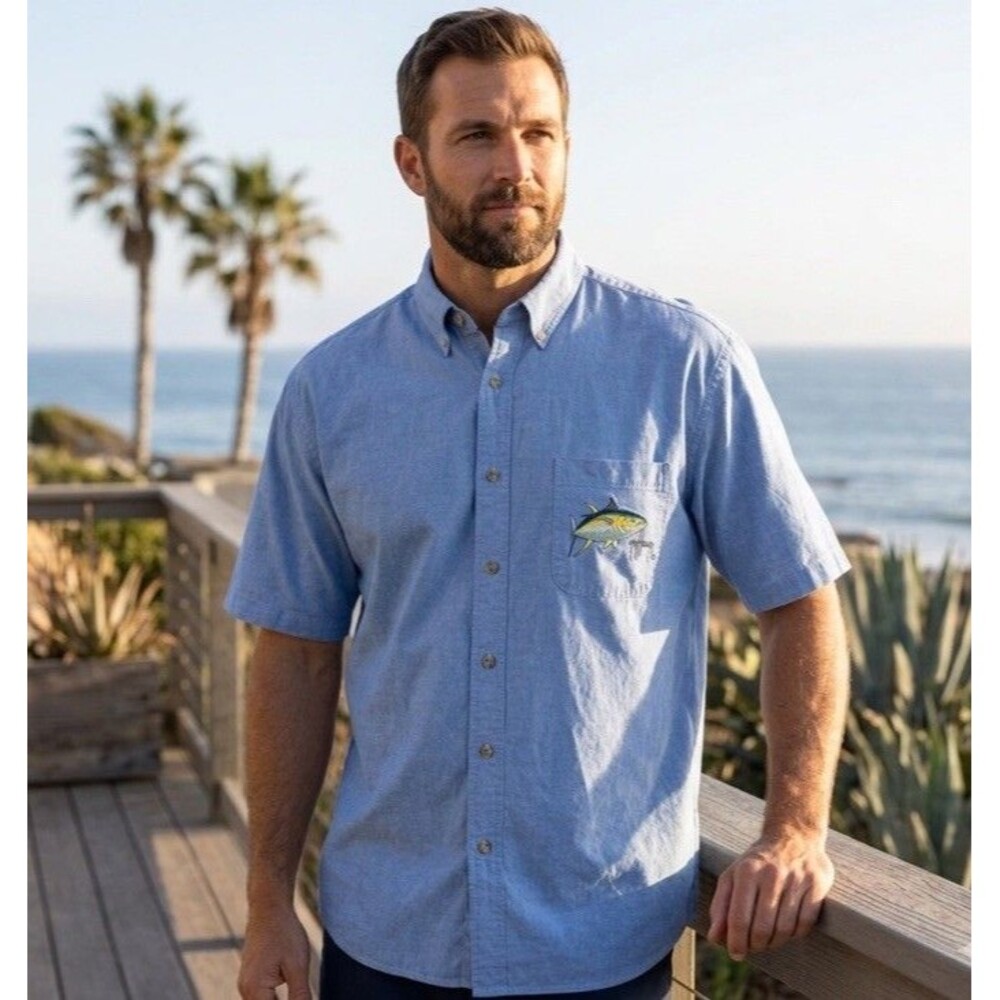 Guy Harvey Fishing Shirt Sz 2XL Blue Chambray Embroidered Tuna Ocean Graphic Y2K